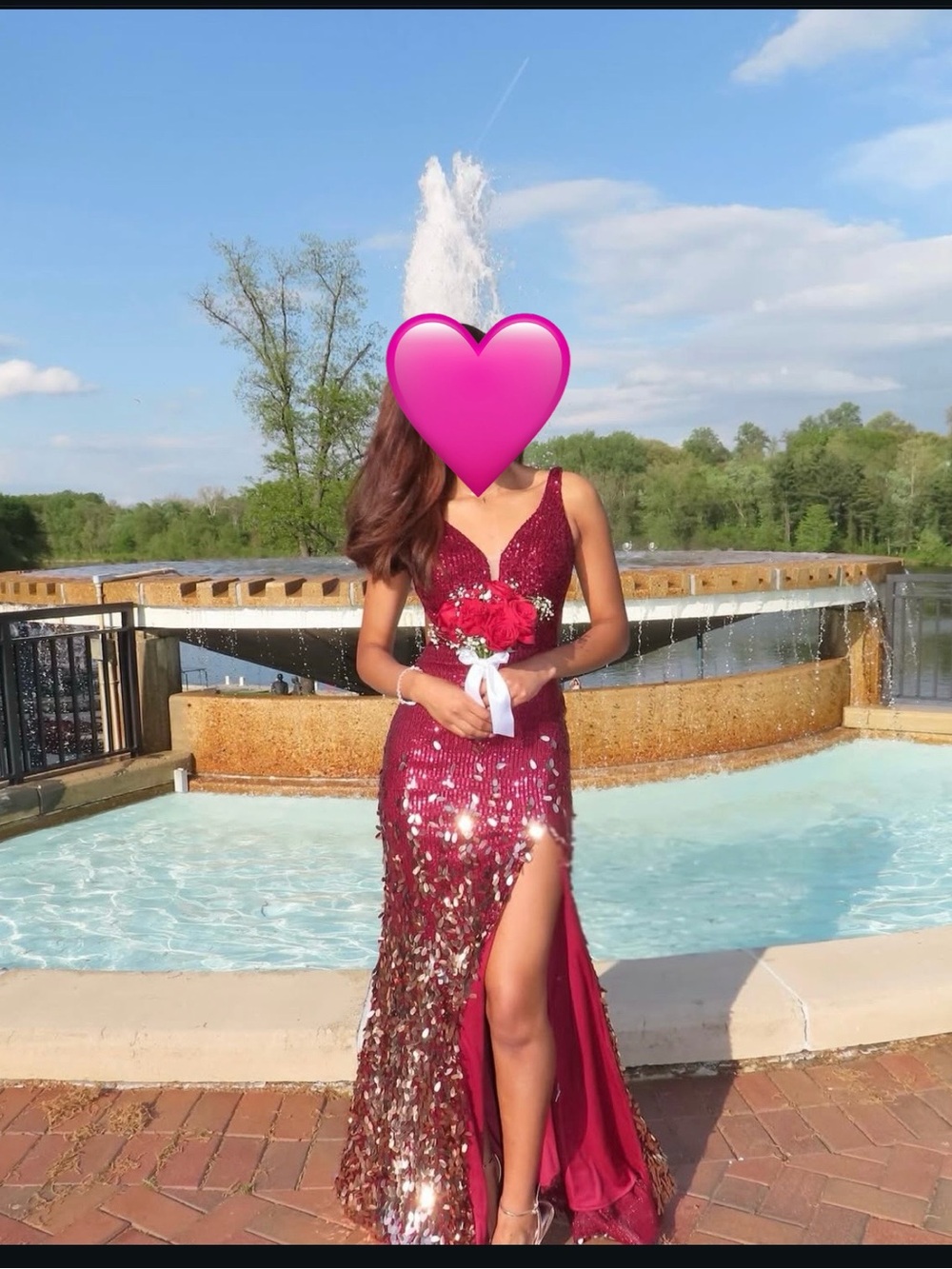 2 Cute Burgundy Sequin Prom Dress with Gold Accents